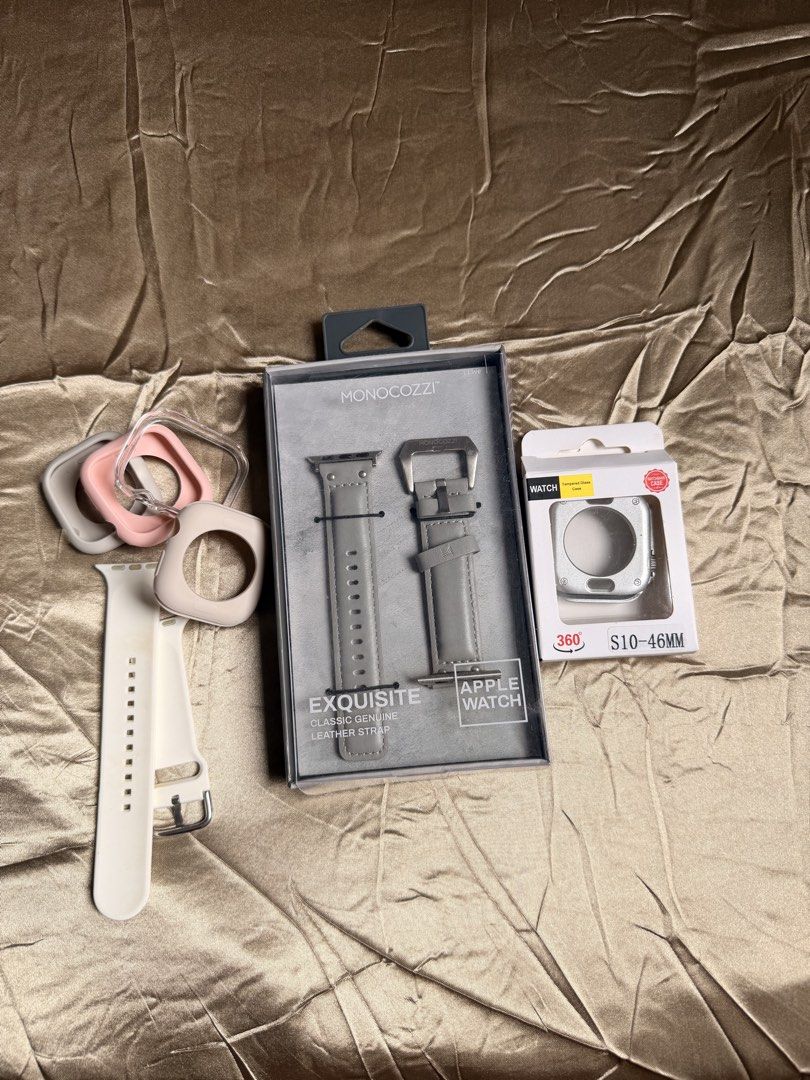 Apple watch straps and cases for 46mm (Category: Wearables & Smart Watches) located in Baguio. Submitted by nabiwuh.06 (Listing ID 1470965023, Image 1). Description: - Original Leather strap worth 2k - And cases and white straps - bought from shein - No damages - Hindi nagamit - Switched to 42mm 📍Pangasinan/Baguio 🚚 - JNT/LBC.