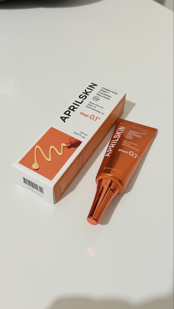 Aprilskin Carrotene IPMP Clearing Solution (Category: Face Care) located in Manila. Submitted by cosmicforest_75ebea (Listing ID 1471049918, Image 1). Description: - Item: Aprilskin Carrotene IPMP Clearing Solution - Size: 20 ml tube with outer box packaging - Condition: Brand new, unused, and in box - Key Ingredients: BHA, PHA, Zinc, and Niacinamide - Benefits: Helps clear and soothe acne-prone skin.