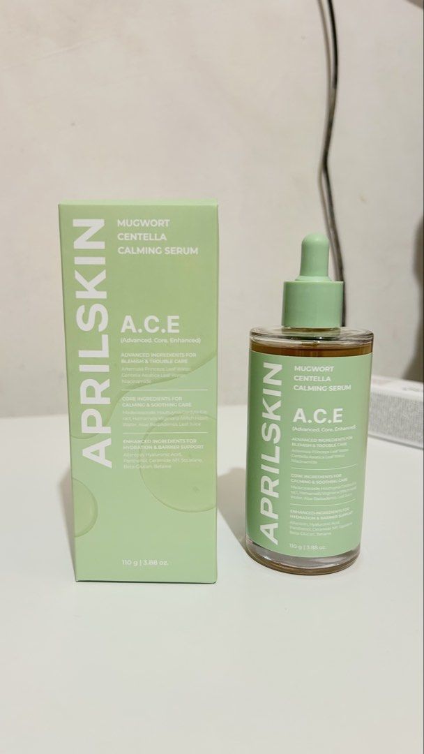 Aprilskin Mugwort Centella Calming Serum A.C.E 110g (Category: Face Care) located in Manila. Submitted by cosmicforest_75ebea (Listing ID 1471050059, Image 1). Description: - Brand: Aprilskin - Product: Mugwort Centella Calming Serum - Size: Large 110g bottle with original outer box - Key Ingredients: Artemisia Princeps Leaf Water, Centella Asiatica Leaf Water, Niacinamide, Madecassoside, Houttuynia Cordata, Hyaluronic Acid, Ceramide NP, and Squa