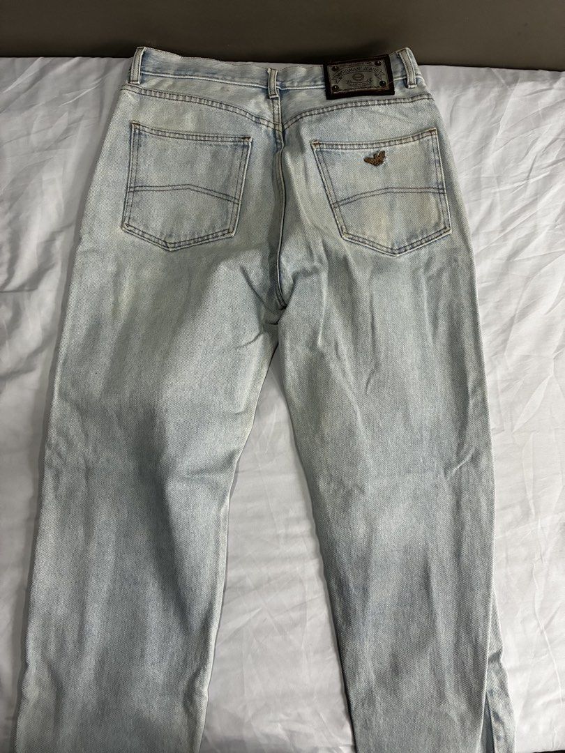 Armani Jeans Light Wash Denim (Category: Jeans) located in Manila. Submitted by nikkoour (Listing ID 1470934512, Image 3). Description: - Brand: Armani Jeans (Est. 1981 line) - Origin: Made in Italy - Wash: Light wash with subtle distressing - Fit: Casual straight leg - Details: Button fly, metal rivets, classic back pocket stitching with eagle logo - Branding: Iconic leather patch on the back waistband - Condition: Great vintage look -32.