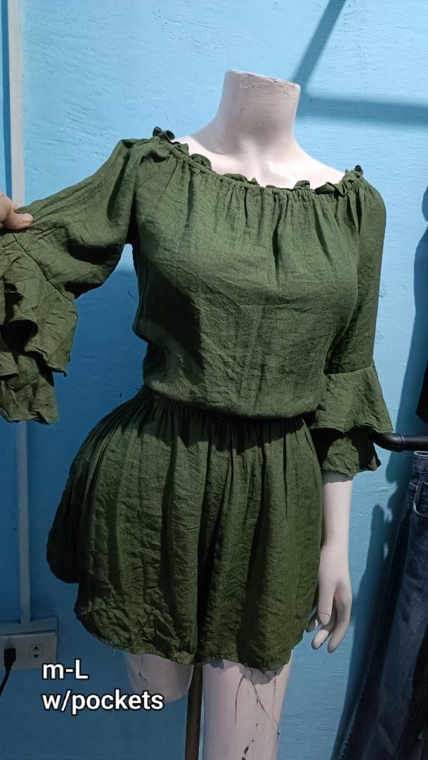 Army Green off-shoulder romper with pockets medium large (Category: Rompers) located in Quezon City. Submitted by davidclothing (Listing ID 1470953685, Image 1). Description: - Color: Green - Style: Off-shoulder romper with tiered bell sleeves - Fit: Comfortable elastic waistband, fits medium to large frames - Features: Comes with functional pockets - Fabric: Lightweight and breathable for warm weather.