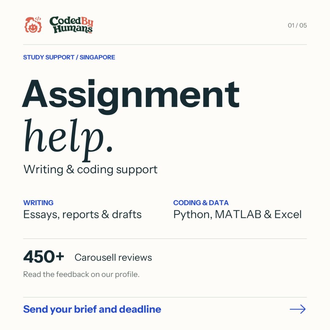 Assignment Help Homework Help Service Writing Essay Coding Programming Help (Category: Professional Skills) located in Singapore. Submitted by codedbyhumans (Listing ID 1471097590, Image 1). Description: Bring a draft you want feedback on, a brief you're trying to understand, or code that isn't working. Case Study: How we saved Two SUSS TMAs for a Struggling father juggling family, work and studies: assignmenthelpersingapore.com/blog/suss-facilit