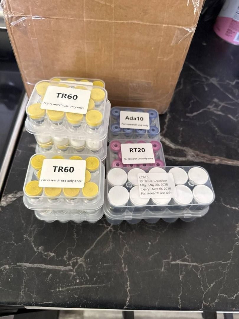 Assorted Research Peptide Chemical Vials and Kits (Category: Medical Supplies & Tools) located in Caloocan City. Submitted by juaneossi (Listing ID 1471114357, Image 3). Description: - Complete set of research chemical vials in organized boxes - Includes 9 labeled variants: NJ500, TR30, TR20, SK5, BB10, H24, TR60, Ada10, and RT20 - Each box contains 10 individual small vials featuring color-coded caps - Neatly arranged inside clear plastic storag