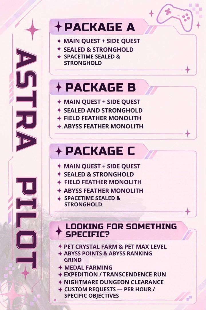 Astra Pilot Game Boosting Packages & Custom Services (Category: In-Game Products) located in Manila. Submitted by aevri24 (Listing ID 1470945658, Image 1). Description: - Trusted and reliable gaming pilot services for fast leveling - Package A: Main/Side Quests, Sealed & Stronghold, Spacetime Sealed & Stronghold - Package B: Package A plus Field & Abyss Feather Monoliths - Package C: Complete all-inclusive bundle - Custom requests available: Pet 