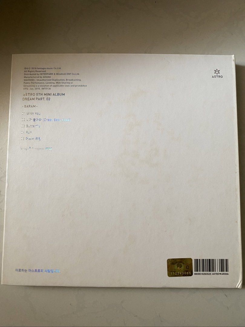 ASTRO 5th Mini Album Dream Part.02 (Category: CDs & DVDs) located in Manila. Submitted by declutteringpj24 (Listing ID 1471065084, Image 2). Description: - Album: ASTRO 5th Mini Album - Dream Part.02 (BARAM Version) - Release Date: January 2018 (Official Fantagio release) - Notable Tracks: With You, Crazy Sexy Cool, Butterfly - Authenticity: Includes KOMCA holographic sticker on the back cover - Condition: Great addition to any AROHA collection P