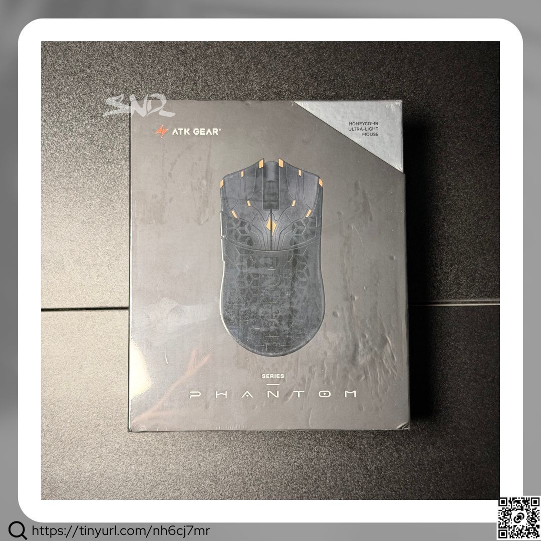 ATK Phantom Ultimate | Black (Category: Mouse & Mousepads) located in Quezon City. Submitted by sonder_listings (Listing ID 1471092482, Image 1). Description: • Sealed unit, plastic film still intact • Weight: 44±3g • Dimensions: 119.7mm × 62.5mm × 37.3 mm • Shape: Symmetrical • Best for Hand Size: Small-to-Medium Hands • Grip Style: Claw / Palm / Fingertip • Sensor: PAW3955 Master • MCU: NORDIC 54LM20 • Polling Rate: Dual 8000 Hz • DPI Range: 1–