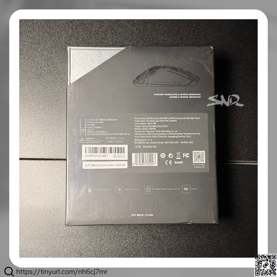 ATK Phantom Ultimate | Black (Category: Mouse & Mousepads) located in Quezon City. Submitted by sonder_listings (Listing ID 1471092482, Image 2). Description: • Sealed unit, plastic film still intact • Weight: 44±3g • Dimensions: 119.7mm × 62.5mm × 37.3 mm • Shape: Symmetrical • Best for Hand Size: Small-to-Medium Hands • Grip Style: Claw / Palm / Fingertip • Sensor: PAW3955 Master • MCU: NORDIC 54LM20 • Polling Rate: Dual 8000 Hz • DPI Range: 1–