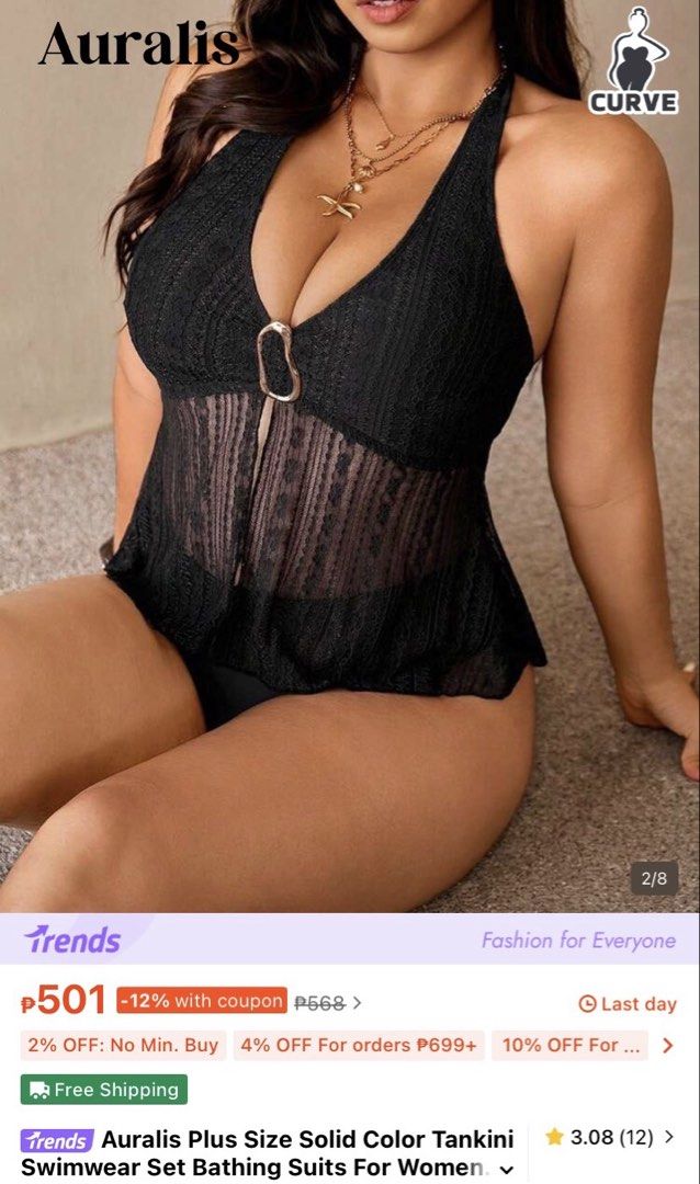 Auralis Plus Size Solid Color Tankini Swimwear Set (Category: Bikinis & Swimsuits) located in Makati City. Submitted by prlv.pixie (Listing ID 1471105090, Image 2). Description: - New - Brand: Auralis - Size: 3XL, 4XL - Color: Classic Black - Set includes: Halter top and matching bottom - Features: Chic gold ring detail on the halter and a stylish semi-sheer lace overlay on the bodice - Ideal for: Beach trips, pool days, and resort getaways.