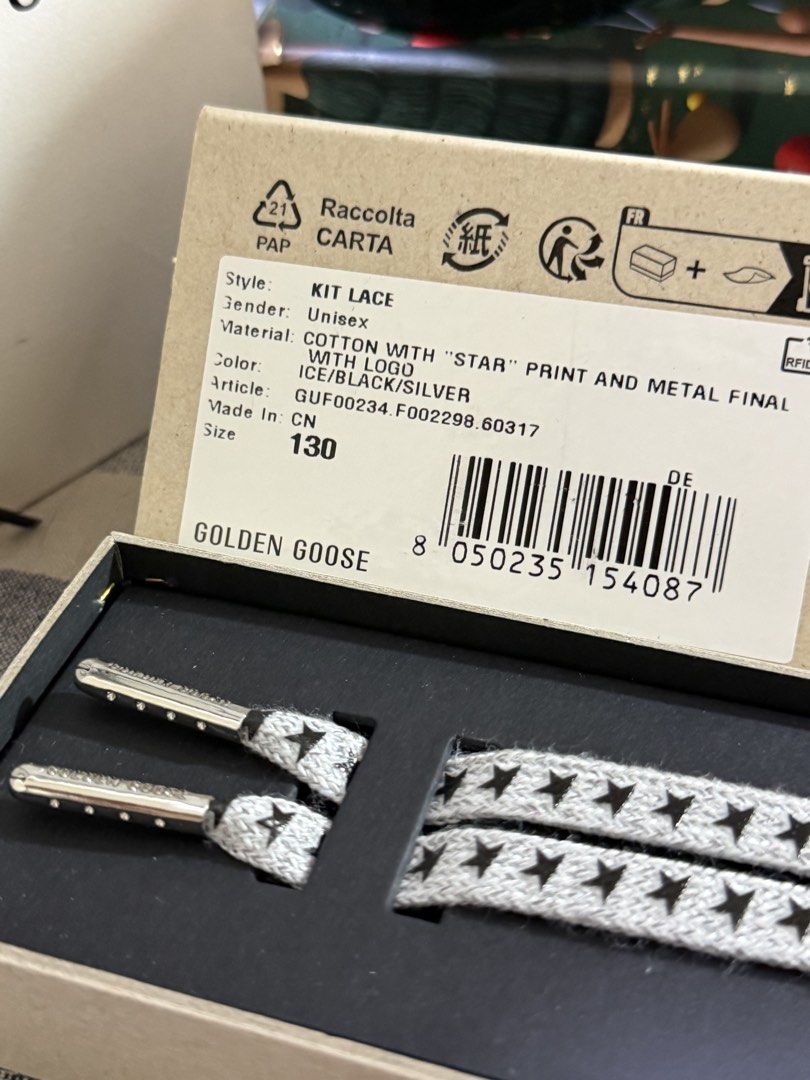 Authentic Golden Goose Kit Laces Bundle (2 Pairs + Paperbag) (Category: Shoe inserts & accessories) located in Makati City. Submitted by ibeaadelle (Listing ID 1471043721, Image 2). Description: Letting go of my unused Golden Goose Kit Laces bought last December 2025. Selling them as a bundle because they don’t fit my GG Marathons. I actually tested a display lace of the same style on my Marathons, which is how I found out they don’t fit well, so