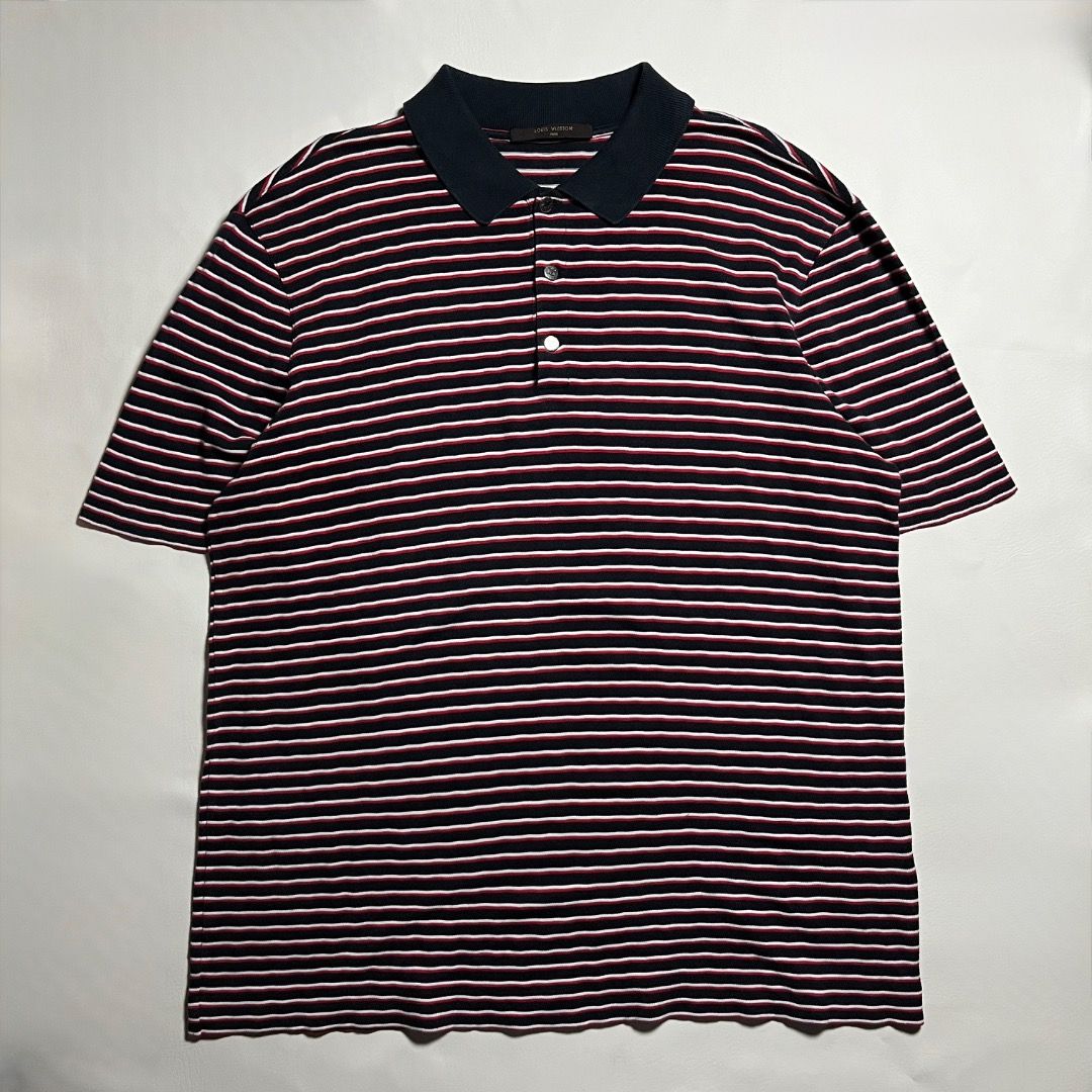 Authentic Louis Vuitton Striped Polo Shirt (Category: Tshirts & Polo Shirts ) located in Caloocan City. Submitted by achilles_grails (Listing ID 1471047687, Image 1). Description: - Brand: Louis Vuitton - Design: Navy blue, red, and white horizontal stripes - Features: Short sleeves, classic knit collar, branded button placket - Condition: Clean, ready to wear, with inner brand and care tags intact - Fit: Standard fit.