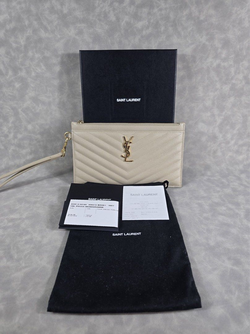 Authentic YSL pouch (Category: Luxury Bags & Wallets) located in Makati City. Submitted by luxchelry (Listing ID 1471059883, Image 1). Description: Pouch Monogram de Poudre Beige ♦️Comes with receipt, authenticity card, carecards, dustbag and box ♦️9.5/10 ♦️Any discoloration is due to lighting only. ✨️P18000✨️ 📍Makati We accept payments thru BDO, BPI and PAYPAL. We can ship thru Grab, Lalamove, LBC and JRS Express. All items are 100% authentic. 