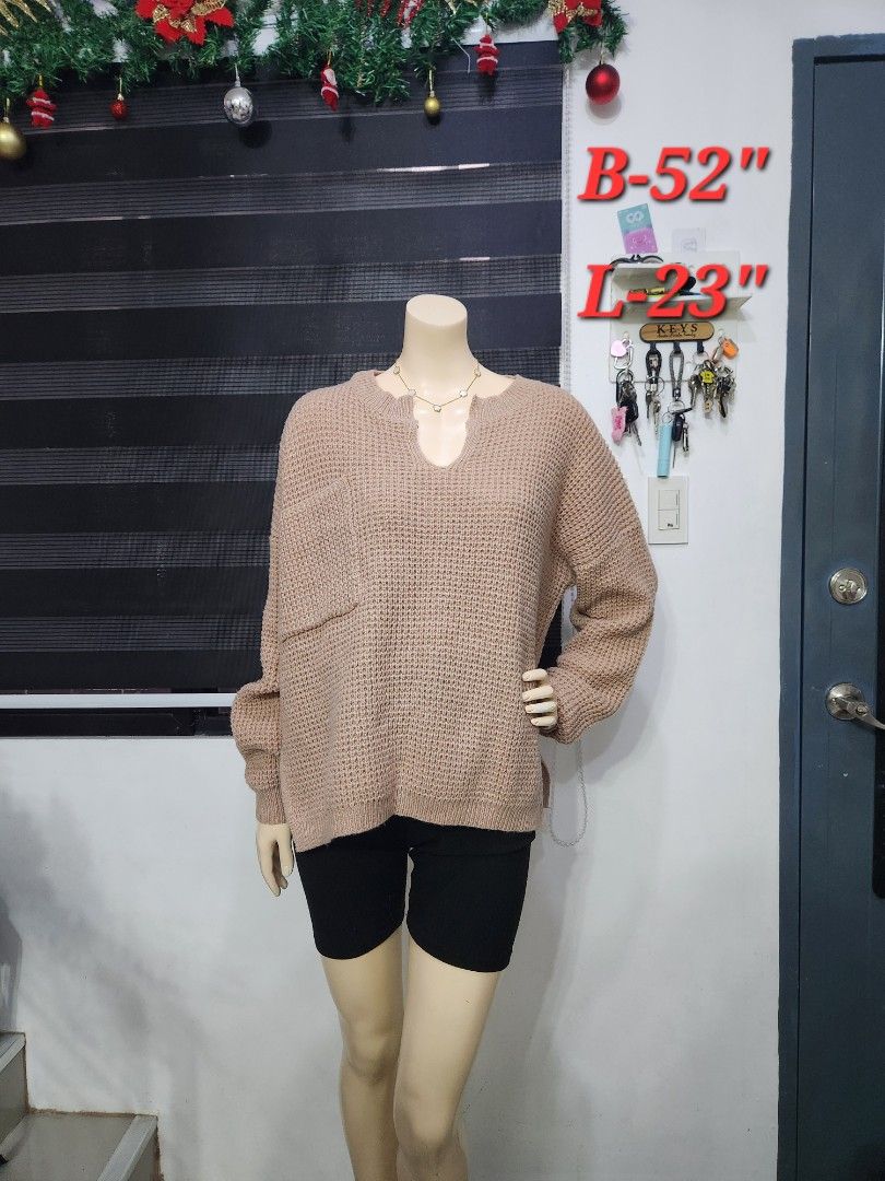 B-4 Cozy Beige Waffle-Knit Sweater ✨ (Category: Coats, Jackets and Outerwear) located in Tanza. Submitted by wearitagainph (Listing ID 1471015532, Image 1). Description: Relaxed, comfortable, and chic! Features a notched split neckline, waffle knit texture, and a handy front patch pocket—perfect for effortless everyday style. * Bust: 52" * Length: 23" * Color: Beige / Taupe * Condition: Excellent DM to order or inquire!.