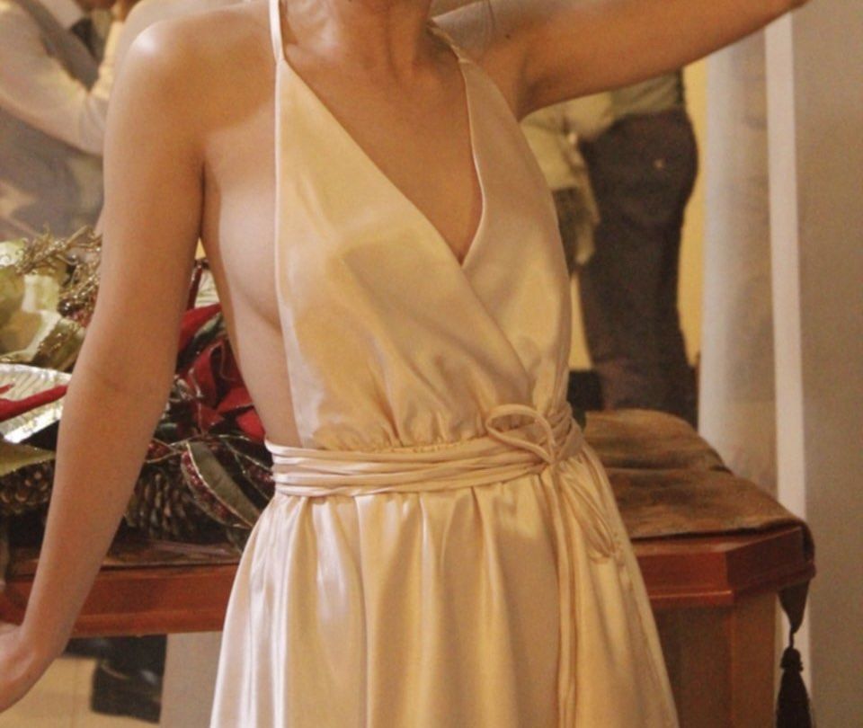 white gold satin dress (Category: Evening dresses & gowns) located in Rizal. Submitted by sheshells.gem (Listing ID 1470937598, Image 2). Description: backless xs - s color: cream material: smooth / glossy / satin condition: worn once for a few hours / properly stored like new best for formal events, dinners parties and dates.