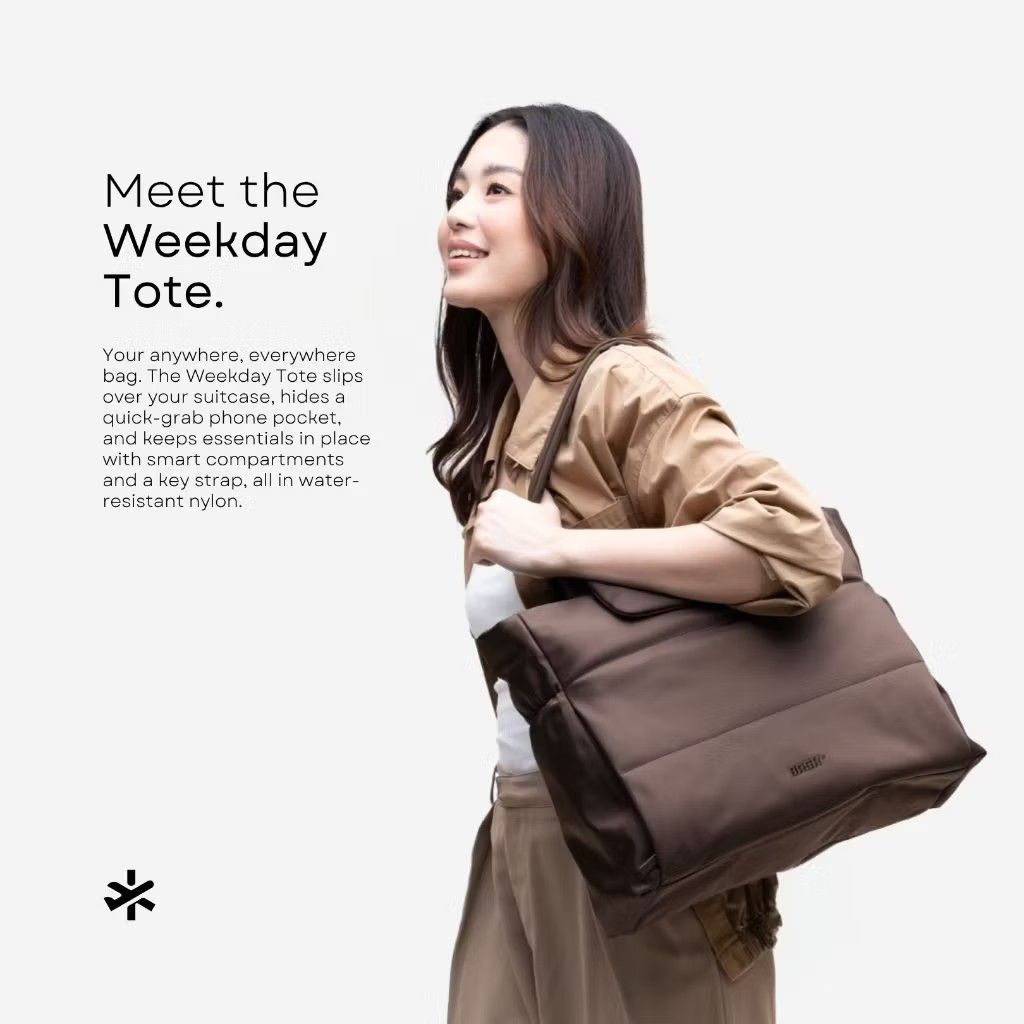 BASH Weekday Tote Bag Brown (Category: Tote Bags) located in Pasig City. Submitted by janelchoo (Listing ID 1471025681, Image 2). Description: - Color & Material: Brown water-resistant nylon - Dimensions: 36cm (L) x 31cm (H) x 12cm (W) with a 25cm handle drop - Travel-Friendly: Convertible trolley sleeve on the back zips into a sleek pocket and slips over suitcase handles - Organization: Quick-grab phone pocket, smart interior compartments, and b