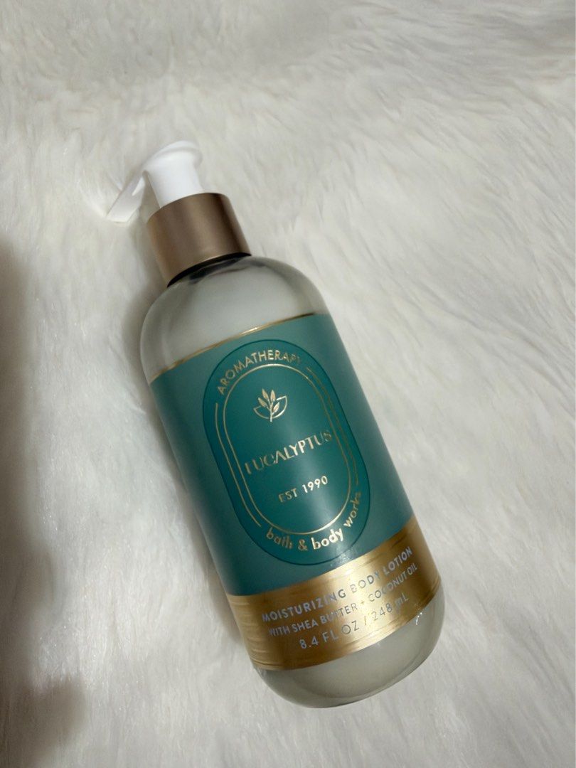 Bath & Body Works Eucalyptus Moisturizing Body Lotion (Category: Body Care) located in Tiaong. Submitted by beautybyrosie (Listing ID 1471058482, Image 1). Description: - Authentic Bath & Body Works Eucalyptus Moisturizing Body Lotion bought in USA - Size: 8.4 fl oz / 248 ml pump bottle (Brand New/Unused) - Powered by shea butter, coconut oil, and natural essential oils - Delivers 48 hours of deep, nourishing moisture - Dermatologist-tested formu