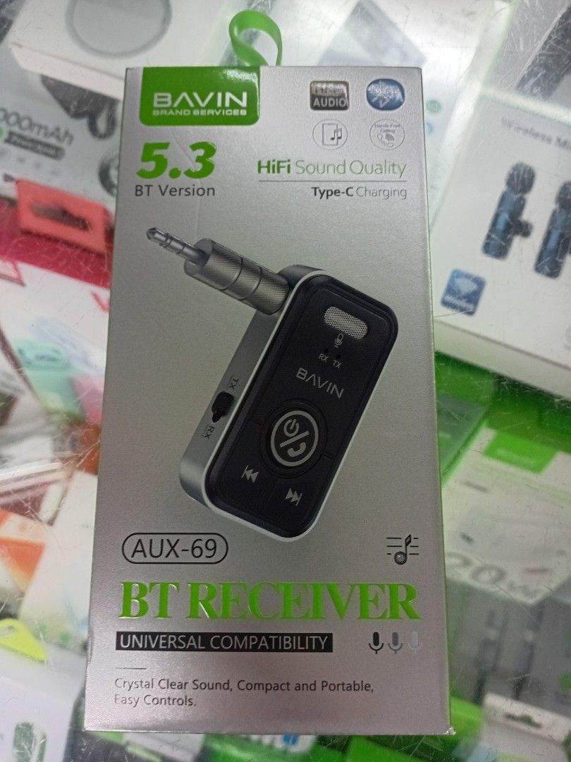 BAVIN AUX-69 BT Receiver 5.3 Type-C Charging (Category: Earphones) located in Manila. Submitted by ericklee23 (Listing ID 1470985231, Image 1). Description: - Brand/Model: BAVIN AUX-69 Bluetooth Receiver - Bluetooth v5.3: Ensures a fast, stable, and reliable wireless connection - HiFi Sound Quality: Delivers crisp, high-fidelity audio for music and media - Built-in Microphone: Allows for clear, hands-free calling while on the go - Universal Compa