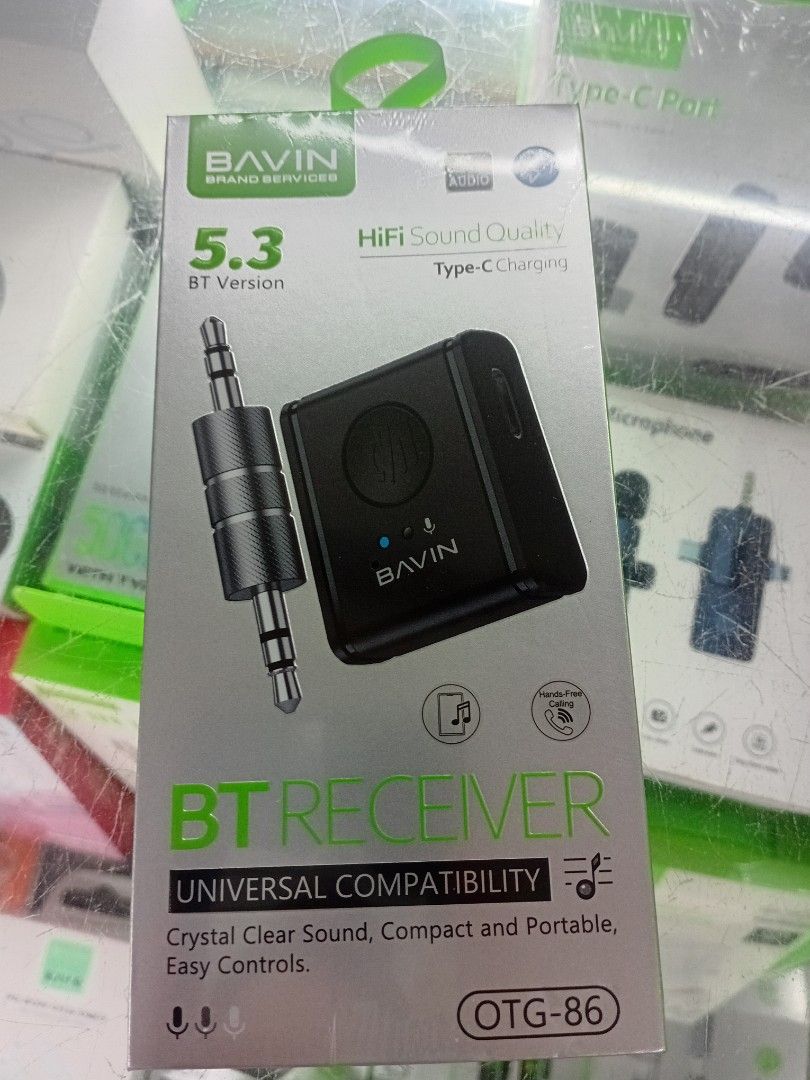 BAVIN BT Receiver OTG-86 5.3 Version (Category: Portable Audio Accessories) located in Manila. Submitted by ericklee23 (Listing ID 1470984460, Image 1). Description: - Model: BAVIN OTG-86 Bluetooth Receiver - Bluetooth 5.3 for stable and fast connection - HiFi sound quality with crystal clear audio - Includes 3.5mm audio jack for wired headphones and speakers - Built-in microphone for convenient hands-free calls - Fast Type-C charging support - C