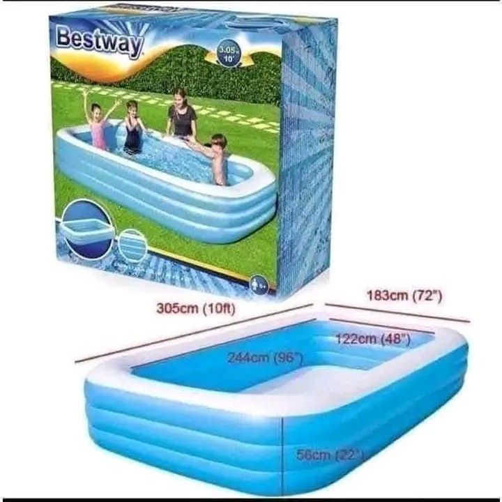 Bestway Inflatable Rectangular Family Swimming Pool (Category: Water Sports) located in Quezon City. Submitted by marecel146 (Listing ID 1471013354, Image 3). Description: - Brand: Bestway Rectangular Inflatable Pool - Perfect for b - Available Sizes: 201x150x51 cm, 262x175x51 cm, and 305x183x56 cm - Features sturdy sidewalls for reliable support and safety - Quick and easy setup - Condition: Brand new with original packaging box include.