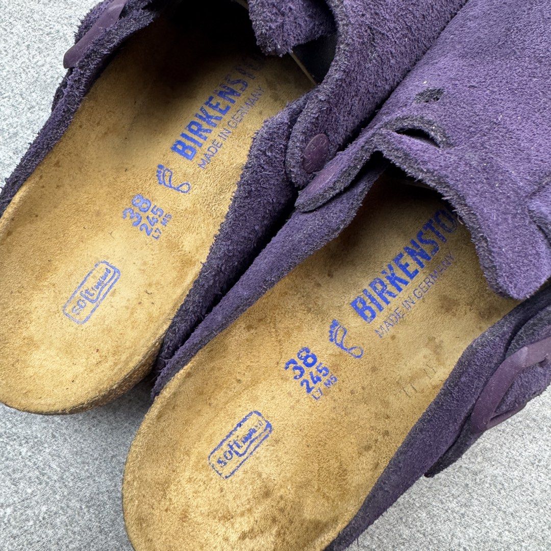 Birkenstock Boston Suede Clogs Purple Size 38 (Category: Flats & Sandals) located in Manolo Fortich. Submitted by thrift_by_biji (Listing ID 1471089395, Image 2). Description: - Model: Birkenstock Boston Clogs - Material: Purple Suede - Footbed: Soft Footbed (Narrow Fit) - Size: EU 38 - Features: Adjustable matching strap with metal buckle, slip-on design - Condition: Clean footbeds with clear brand stamps, good tread remaining on soles.