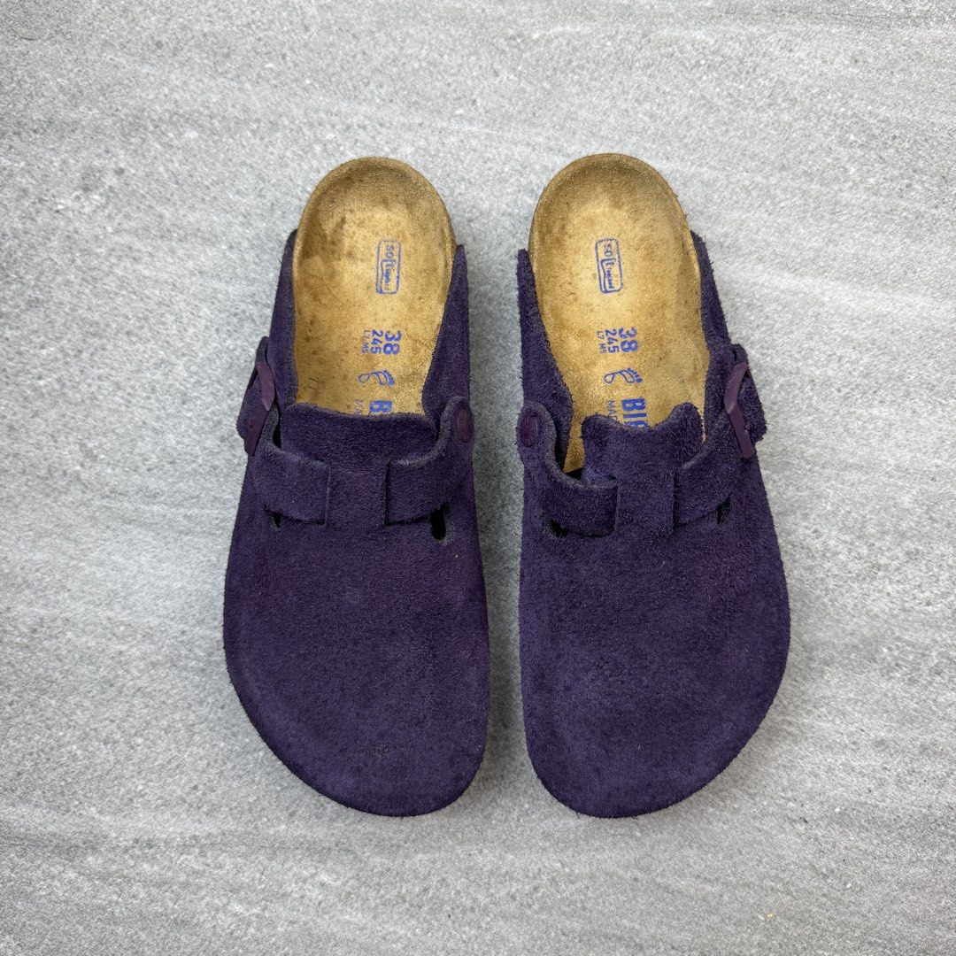 Birkenstock Boston Suede Clogs Purple Size 38 (Category: Flats & Sandals) located in Manolo Fortich. Submitted by thrift_by_biji (Listing ID 1471089395, Image 1). Description: - Model: Birkenstock Boston Clogs - Material: Purple Suede - Footbed: Soft Footbed (Narrow Fit) - Size: EU 38 - Features: Adjustable matching strap with metal buckle, slip-on design - Condition: Clean footbeds with clear brand stamps, good tread remaining on soles.