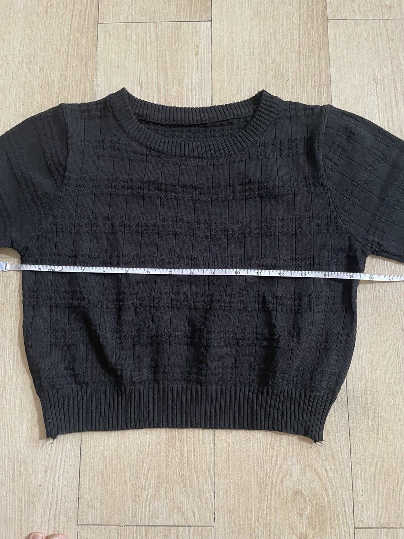 Black Cropped Knit Blouse (Category: Blouses) located in Makati City. Submitted by fabcollections (Listing ID 1471053098, Image 3). Description: 💜 RFS: decluttering 💜 No damage no issues, what you see is what you get 💜 Size small - exact measurements on photo 💜 Color most accurate on second photo 💜 My location: Bangkal, Makati 💜 Payment thru Gcash (Payment first policy) 💜 Delivery thru J&T/Gogoexpress, or same day delivery thru Grab/Lalamo