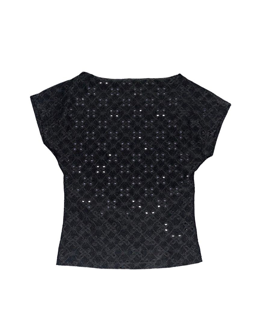 SHEIN Black Eyelet Open Back Crop Top (Category: Sleeveless) located in Alicia. Submitted by lovedby.icy (Listing ID 1471055314, Image 1). Description: .