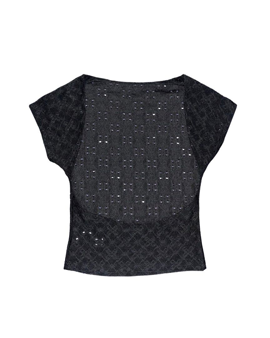 SHEIN Black Eyelet Open Back Crop Top (Category: Sleeveless) located in Alicia. Submitted by lovedby.icy (Listing ID 1471055314, Image 2). Description: .