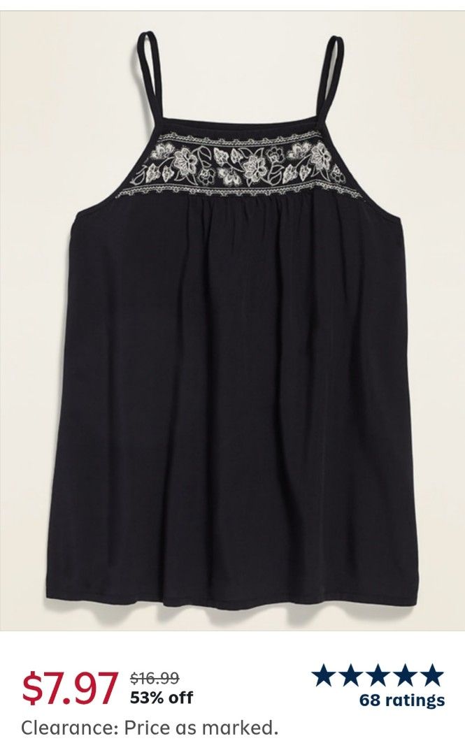 Black Floral Embroidered Tank Top Cami (Category: Sleeveless) located in Bacoor. Submitted by Miss_Chuch0521 (Listing ID 1470962803, Image 2). Description: - Color: Classic Black - Design: Delicate white floral embroidery on the front neckline - Fit: Flowy, gathered fabric style with thin spaghetti straps - Material: Lightweight, breathable fabric ideal for PH weather - Versatility: Great for casual days out, beach trips, or easy layering - Condi