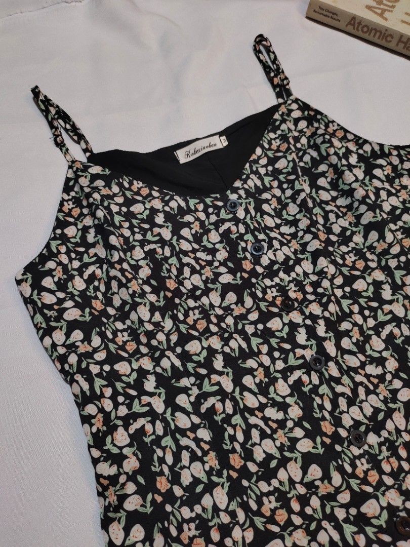 Black Floral spaghetti strap maxi dress (Category: Dresses) located in Bulacan. Submitted by jly.ph (Listing ID 1470987622, Image 3). Description: - Size: M (Bust - 36 | Waist - 32 | Length - 44) - Style: Black maxi dress with all-over small floral pattern - Details: Thin adjustable straps, front button placket, fully lined - Material: Lightweight .