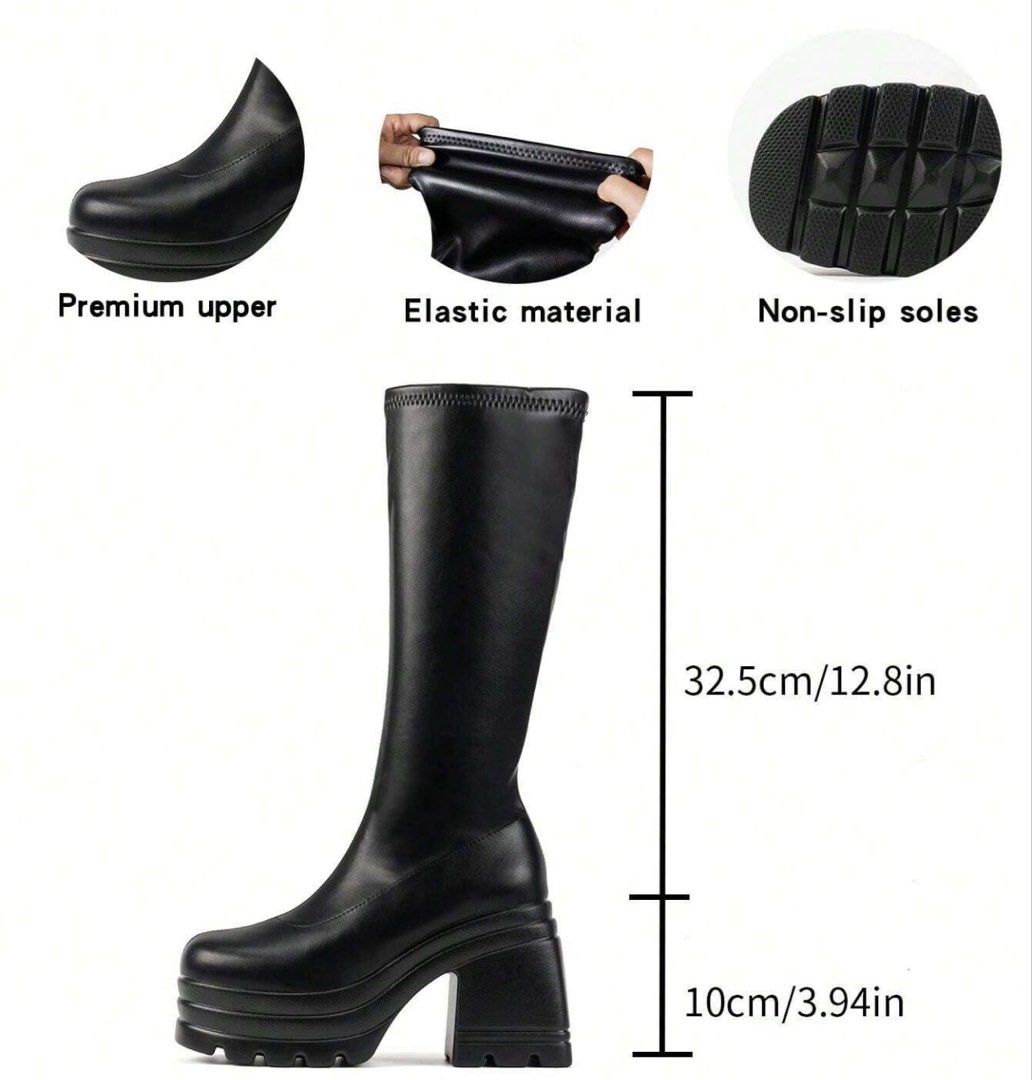 Black Platform Chunky Heel Mid-Calf Boots (Category: Boots) located in Manila. Submitted by coffeeislyf (Listing ID 1470984983, Image 3). Description: - Size: EUR 42 - Color: Sleek black mid-calf boots - Material: Stretchy elastic faux leather for a snug, comfortable fit - Heel & Platform: 4.1-inch chunky heel with a 2-inch platform - Measurements: 13-inch shaft height and 13.4-inch leg circumference - Design: Easy pull-on style with no zippers -