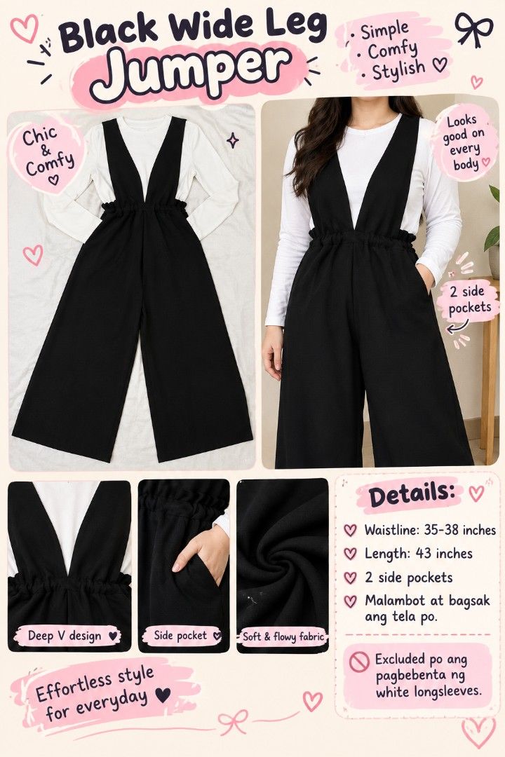 Black wide leg jumper (Category: Looking For) located in Taguig. Submitted by miss_rein (Listing ID 1470948687, Image 1). Description: Hindi po included ang white longsleeves. Ang jumper lang po ang for sale..