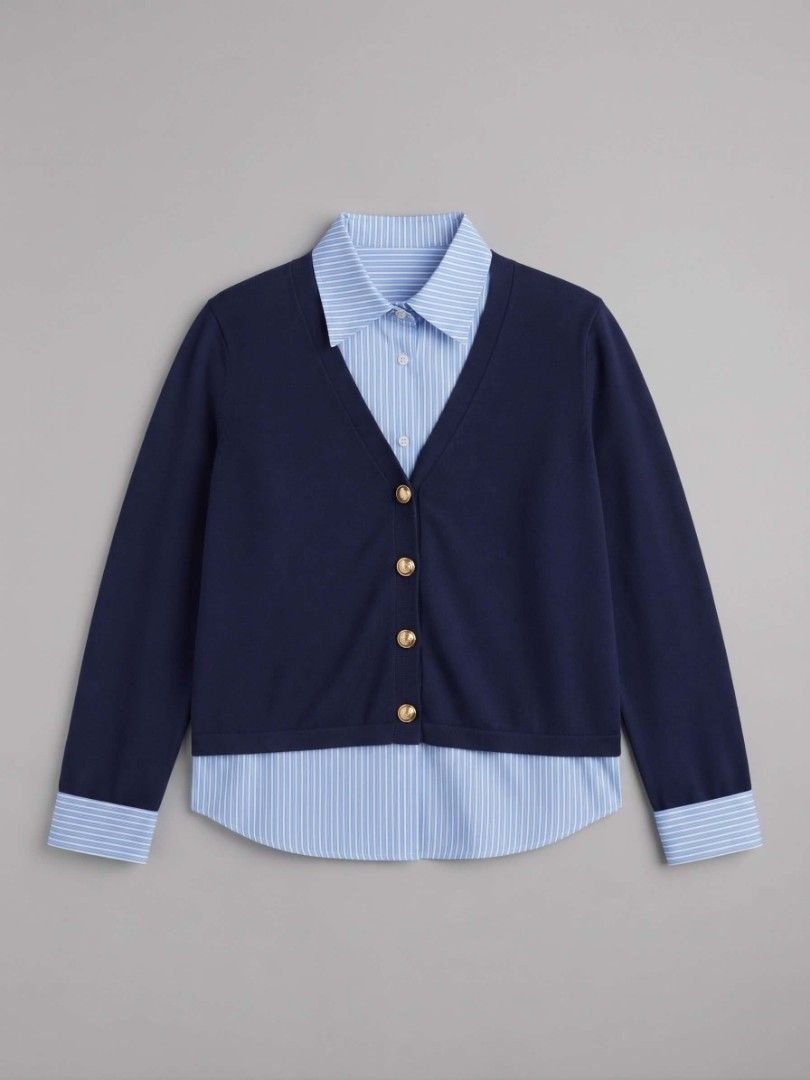 Blue White Striped Cardigan (Category: Coats, Jackets and Outerwear) located in Silang. Submitted by maria_erica61 (Listing ID 1471112672, Image 1). Description: 🩷 Preppy Layered Perfection! ✨ Elevate your everyday look with this classic navy blue cardigan layered over a blue-and-white striped collared shirt—an absolute closet staple for that effortless academia, clean-girl, or smart-casual vibe! Mode of delivery: Open to suggestions. 💌 Bargain