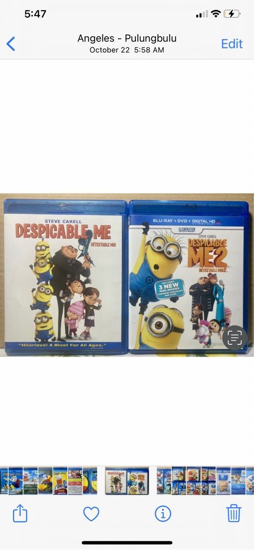 Blu-Ray sale! (Category: CDs & DVDs) located in Angeles City. Submitted by lensongsong (Listing ID 1471028412, Image 1). Description: 1. Despicable Me - 250 2. Despicable Me 2 - 250 3. How To Train Your Dragon - 250 4. How To Train Your Dragon 2 Blu-ray+DVD - 300 5. Ice Age - 300 6. Ice Age The Meltdown - 300 7. Ice Age Continental Drift - 300 8. Alvin & the Chipmunks The Squeakquel Blu-Ray+DVD - 200 9. Alvin & The Chipmunks Chipwrecked - 250 10.