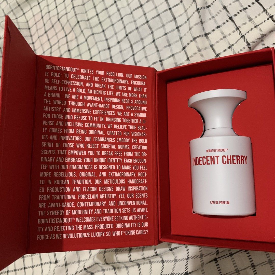 50 ml Born To Stand Out Indecent Cherry EDP (Category: Fragrance & Deodorants) located in Quezon City. Submitted by itscxyy (Listing ID 1470972742, Image 3). Description: - 50 ml Authentic Born To Stand Out Indecent Cherry Eau de Parfum (Bought from Art of Scent) - Condition: Only sprayed a few times and did not use frequently (only used like twice). - Still have in original packaging and paperbag - Expiry Date: 2031/07/13 - Perfect for gifting o