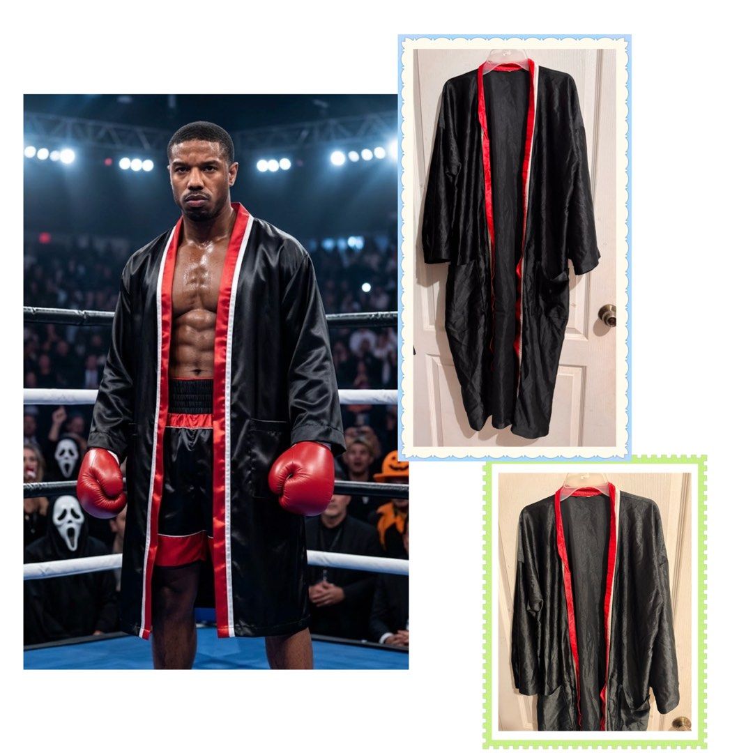 Boxing robe/Black satin/Halloween Accessory (Category: Coats, Jackets and Outerwear) located in San Juan City. Submitted by matchlessgetup.ph (Listing ID 1471005156, Image 1). Description: Perfect as an edgy loungewear piece, a creative costume accessory (ideal for boxing-inspired looks or Halloween styling), or a statement layering item. Crafted from a smooth, lightweight satin-finish fabric, this piece offers a sleek silhouette with striking co