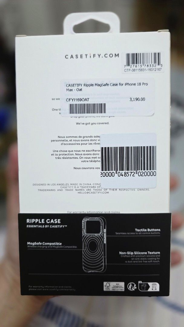 Brandnew Casetify Ripple Case Oat for iPhone 17/18 Pro Max (Category: Cases & Sleeves) located in Quezon City. Submitted by violet_08 (Listing ID 1471045263, Image 2). Description: Brandnew sealed Casetify Ripple Case Oat color Compatible with iPhone 17/18 Pro Max Unused Can give soft copy of receipt from powermac Rfs: converting my vouchers to cash QC area FIXED PRICE orig price is 3,190 selling for 2,500 only.