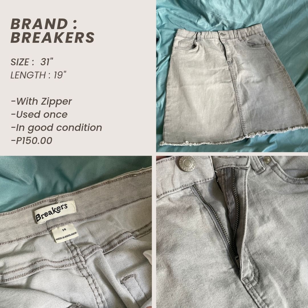 Breakers Gray Denim Skirt Size 31 (Category: Skirts) located in Guiguinto. Submitted by plumpypeachyyy (Listing ID 1470949527, Image 1). Description: - Brand: Breakers - Color: Gray denim - Size: 31 - Length: 19 inches - Details: Front zipper closure, trendy raw frayed hem.