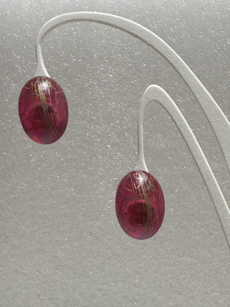 Breath Earrings (Category: Earrings) located in Angeles City. Submitted by zyeplustradings (Listing ID 1470960091, Image 1). Description: They feature oval, semi-translucent magenta-pink resin or art glass beads infused with fine golden, thread-like abstract striations. German markings.