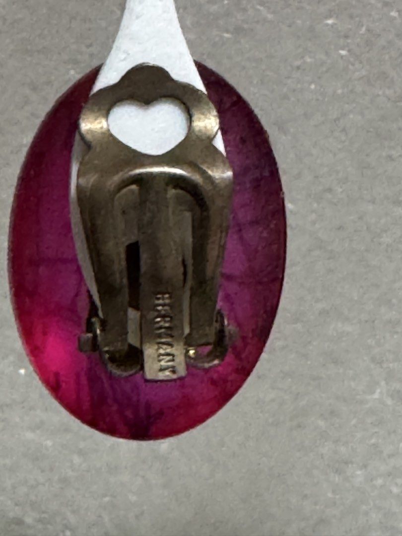 Breath Earrings (Category: Earrings) located in Angeles City. Submitted by zyeplustradings (Listing ID 1470960091, Image 3). Description: They feature oval, semi-translucent magenta-pink resin or art glass beads infused with fine golden, thread-like abstract striations. German markings.