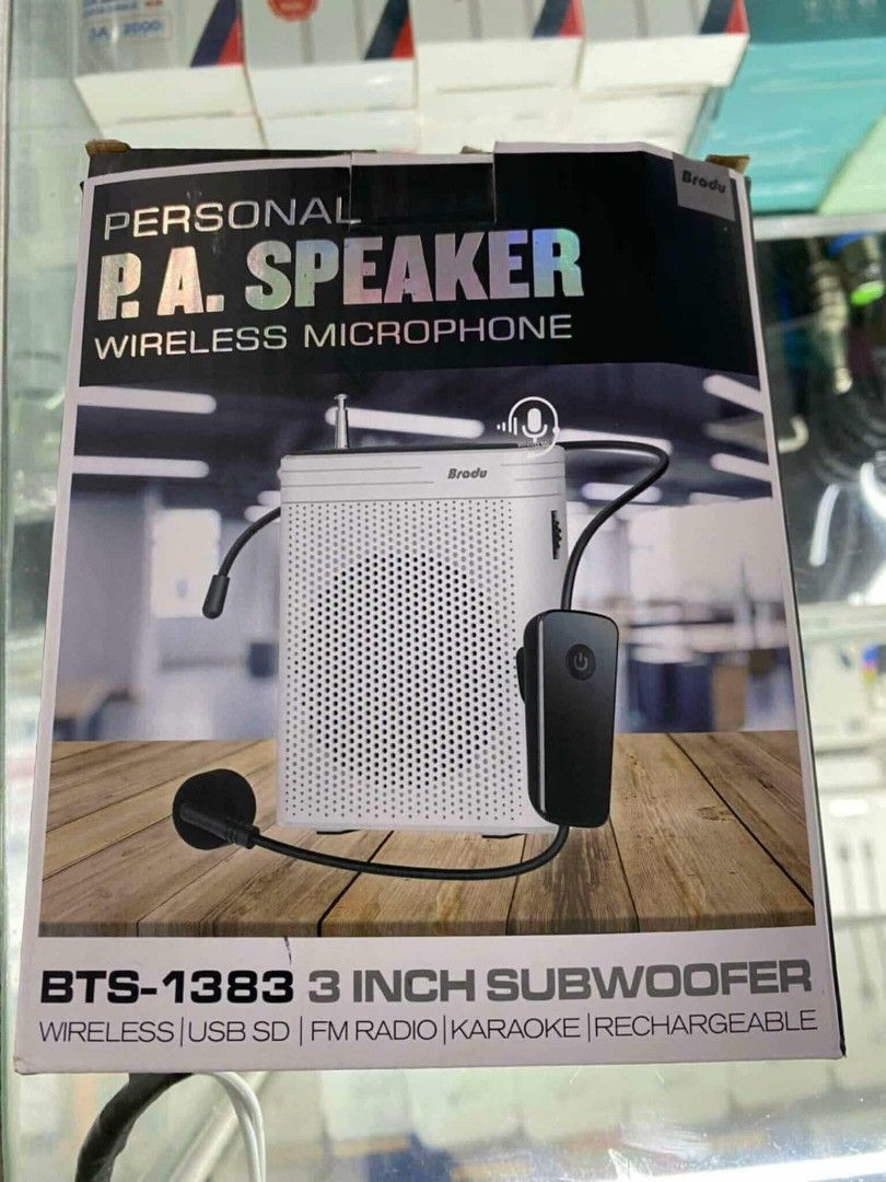 Brodu BTS-1383 Personal PA Speaker Wireless Microphone (Category: Soundbars, Speakers & Amplifiers) located in Manila. Submitted by ericklee23 (Listing ID 1470992726, Image 1). Description: - Model: Brodu BTS-1383 Personal PA Speaker & Wireless Microphone Set - Audio: Powerful 3-inch subwoofer with built-in karaoke function - Connectivity: Wireless/Bluetooth, USB drive, SD card, and FM radio - Power: Convenient rechargeable battery for on-the-go 