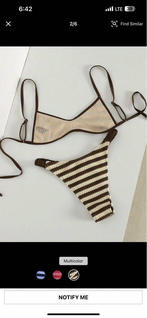 Brown and White Striped Bikini Set (Category: Bikinis & Swimsuits) located in San Juan City. Submitted by colleendom (Listing ID 1471036640, Image 2). Description: - Brand: New with tags attached - Size: Small (S) - Style: Brown and cream striped crochet bikini set - Top: Triangle top with adjustable straps - Bottoms: Matching classic bottoms - Condition: Unworn, brand new - Perfect for: Beach trips, pool days, and vacations.