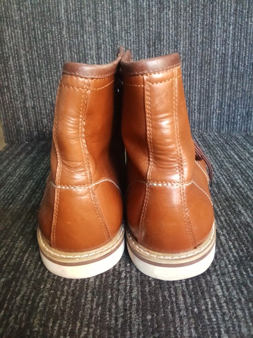 Brown leather moc toe boots with white wedge sole (Category: Boots) located in Makati City. Submitted by kuysman (Listing ID 1470990275, Image 3). Description: only sensible questions are entertained 1 left price + sf not thrifted No box.