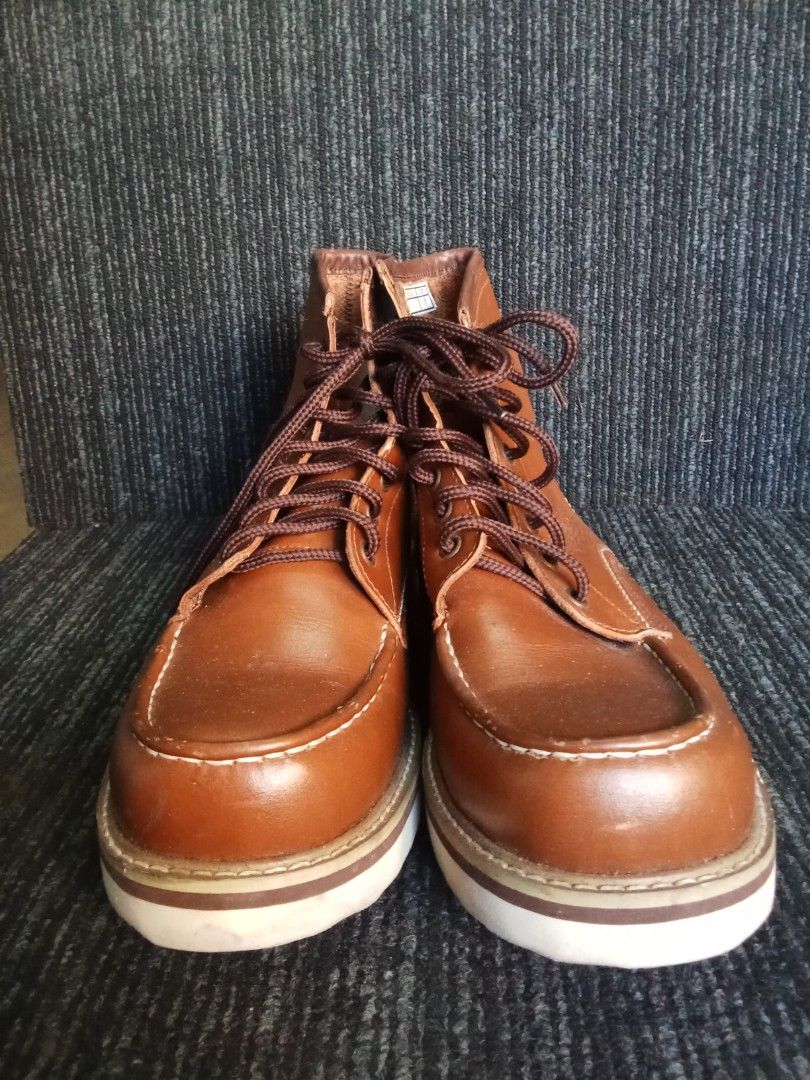 Brown leather moc toe boots with white wedge sole (Category: Boots) located in Makati City. Submitted by kuysman (Listing ID 1470990275, Image 1). Description: only sensible questions are entertained 1 left price + sf not thrifted No box.