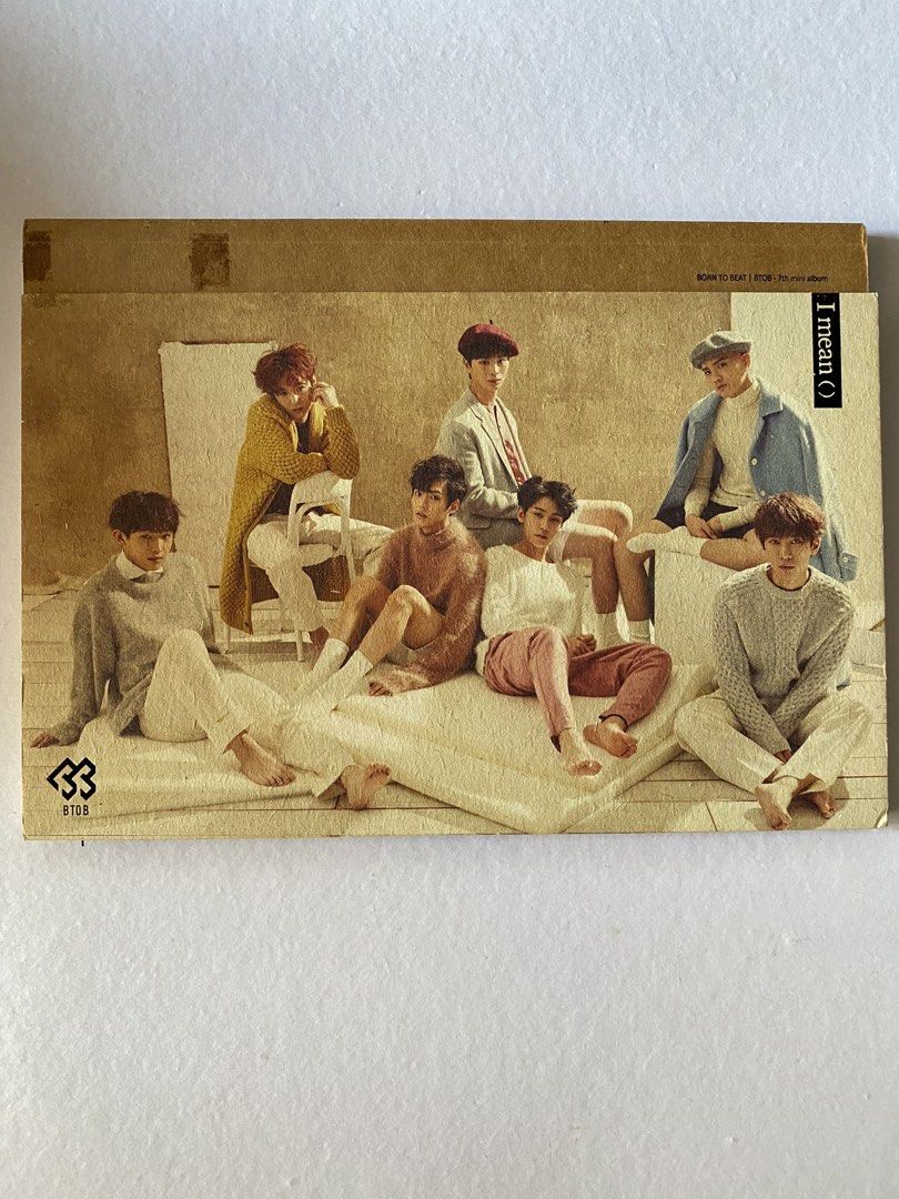 BTOB 7th Mini Album I Mean (Category: CDs & DVDs) located in Manila. Submitted by declutteringpj24 (Listing ID 1471064799, Image 1). Description: - Artist/Album: BTOB 7th Mini Album - I Mean - Label: Cube Entertainment (Release Date: October 2015) - Concept: Brown cardboard style cover with front group photo - Tracklist: 6 songs including 'Last Day' and 'Way Back Home' - Authenticity: Official release with holographic C1 sticker on the back PB CD