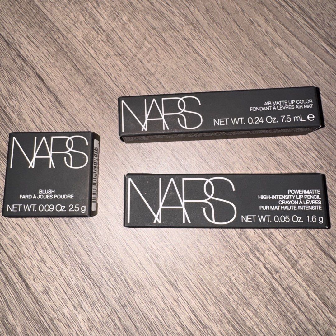 BUNDLE AUTHENTIC NARS Makeup Bundle Blush Air Matte Lip Color Lip Pencil (Category: Makeup) located in Manila. Submitted by cheesetinefinds (Listing ID 1471036932, Image 1). Description: - Authentic NARS makeup bundle - Includes Orgasm Rush blush - Includes Thrust 352 air matte lip color - Includes Cruella 185 powermatte high-intensity lip pencil - Brand new and 100% unopened in original boxes - Selling as a complete set only.