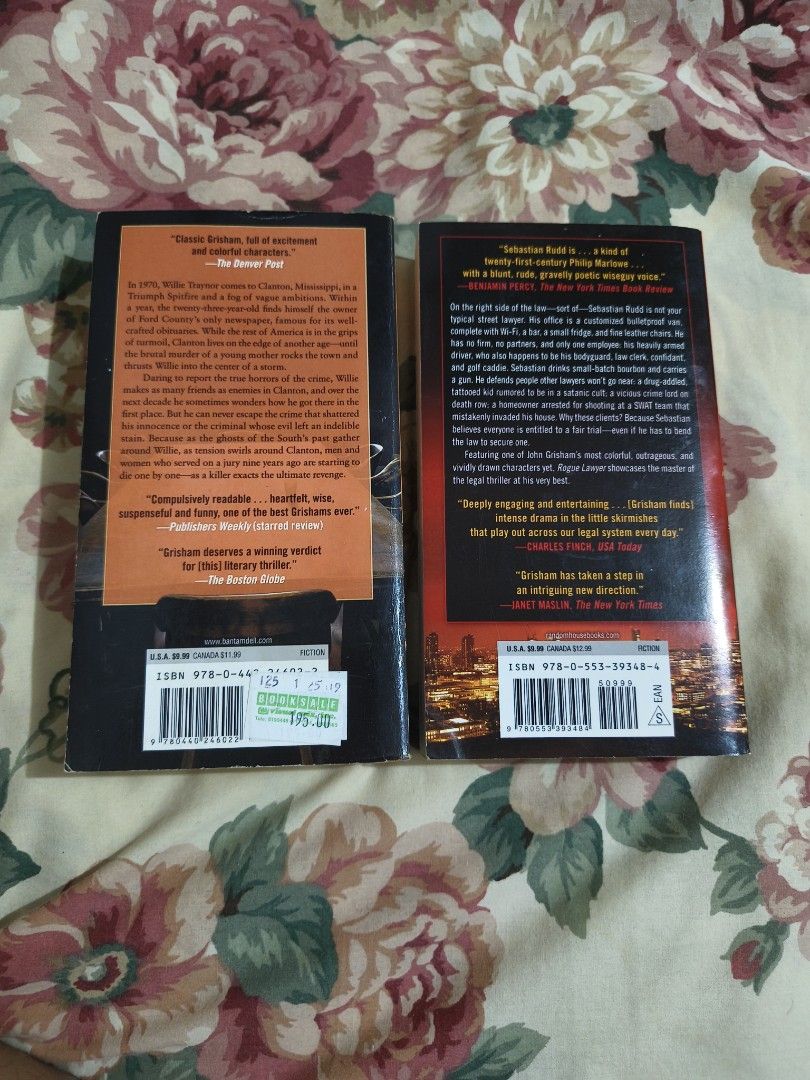 Bundle John Grisham Paperback books (Category: Storybooks) located in Paranaque City. Submitted by fabbieb (Listing ID 1471104656, Image 3). Description: John Grisham bundle of 2 paperback The Last Juror Rogue Lawyer ❗❗used --- pls manage your expectations expect folds, yellowish pages P200 plus sf Location: Parañaque City ➡️ NO RUSH SHIPPING PLEASE ⬅️ ✅grab/lalamove ✅ gogoexpress - 3-5 business days for Mmla delivery ( expect delays) ✅book your 