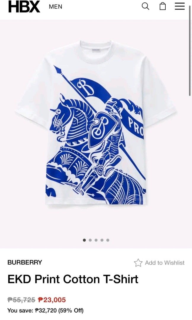 Burberry Brand Shirt🔥 (Category: Luxury Apparel) located in Manila. Submitted by thrift_cy01 (Listing ID 1471082152, Image 2). Description: Available sizes M and L only. M - W21 L27 L - W22 L28 - Brand: Burberry - Color: Crisp White with Blue Equestrian Knight Design - Material: 100% Premium Cotton (Made in Portugal) - Fit: Classic fit, short sleeves, crew neck, straight hem - Condition: Brand new with retail tags attached.