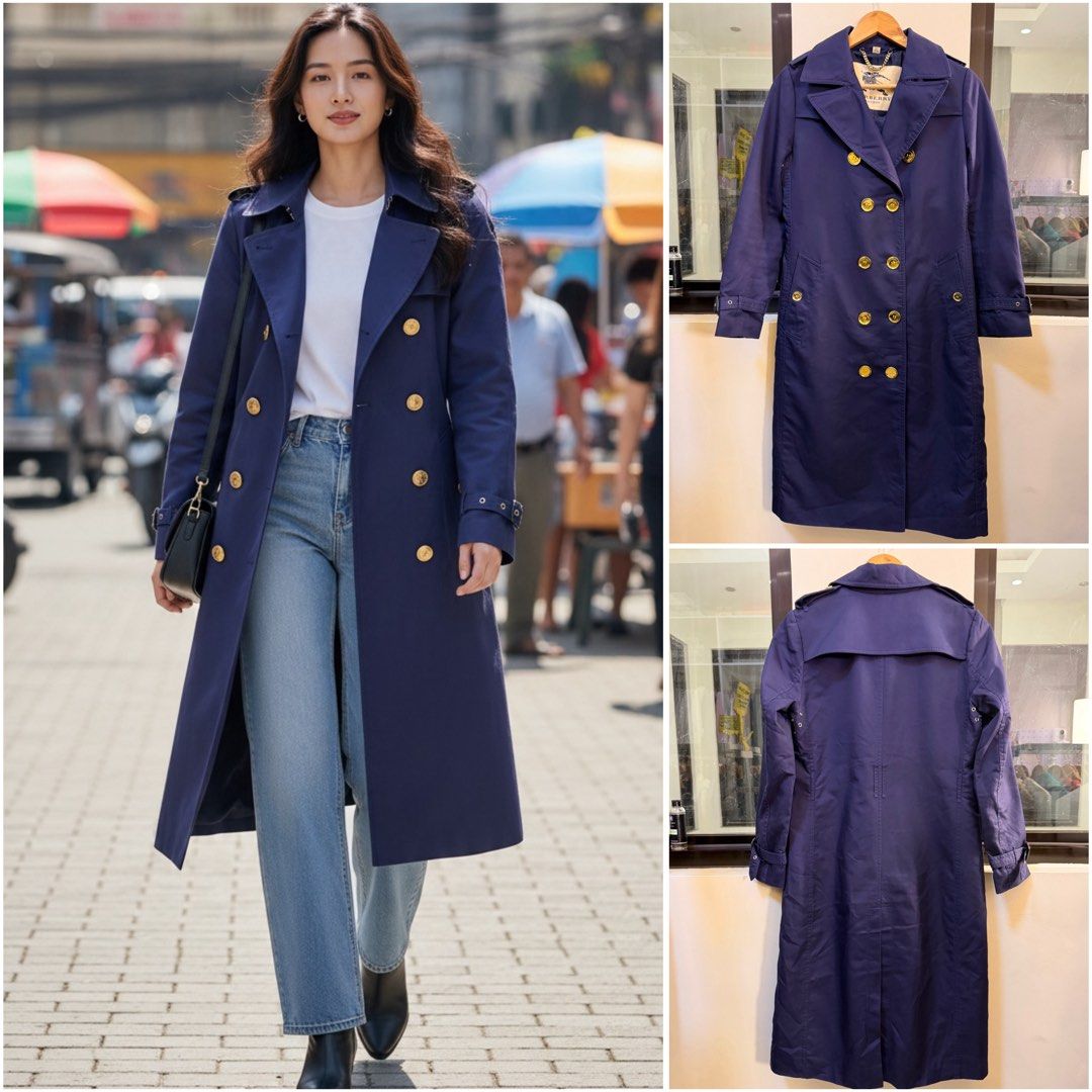 Burberry Long Double-Breasted Trench Coat (Category: Coats, Jackets and Outerwear) located in Paranaque City. Submitted by preluxeshop_ph (Listing ID 1471016273, Image 1). Description: Brand: Burberry London •Style: Long Double-Breasted Trench Coat •Color: Deep Royal Blue / Navy •Design Features: Embossed gold-tone double-breasted buttons, gold chain hanging loop at neck collar, notch lapels, shoulder epaulets, buckled sleeve cuffs, storm flap, a
