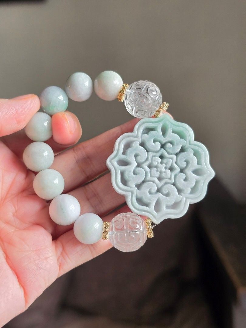 Burma jadeite Jade flower bracelet (Category: Bracelets) located in Manila. Submitted by cavalierdolls (Listing ID 1470955616, Image 3). Description: Diy Burma jadeite Jade Bracelet 12mm beads with 15mm clear quartz lucky turn..