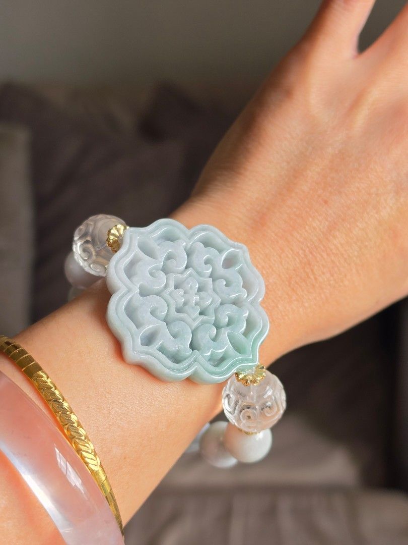 Burma jadeite Jade flower bracelet (Category: Bracelets) located in Manila. Submitted by cavalierdolls (Listing ID 1470955616, Image 1). Description: Diy Burma jadeite Jade Bracelet 12mm beads with 15mm clear quartz lucky turn..